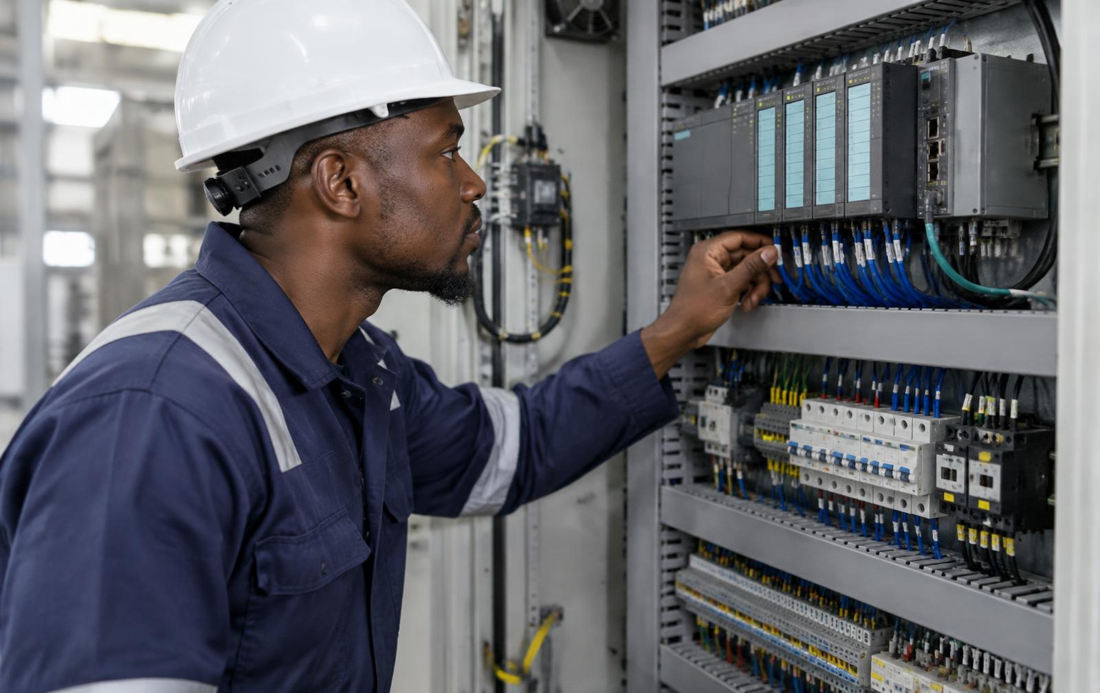 Technician working on an industrial control panel